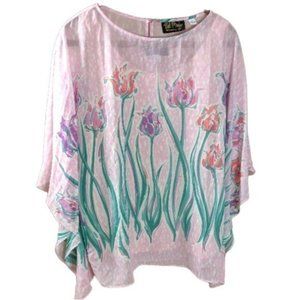 Bob Mackie Wearable Art Pink Tulip Sheer Caftan Blouse with Tank  - Medium